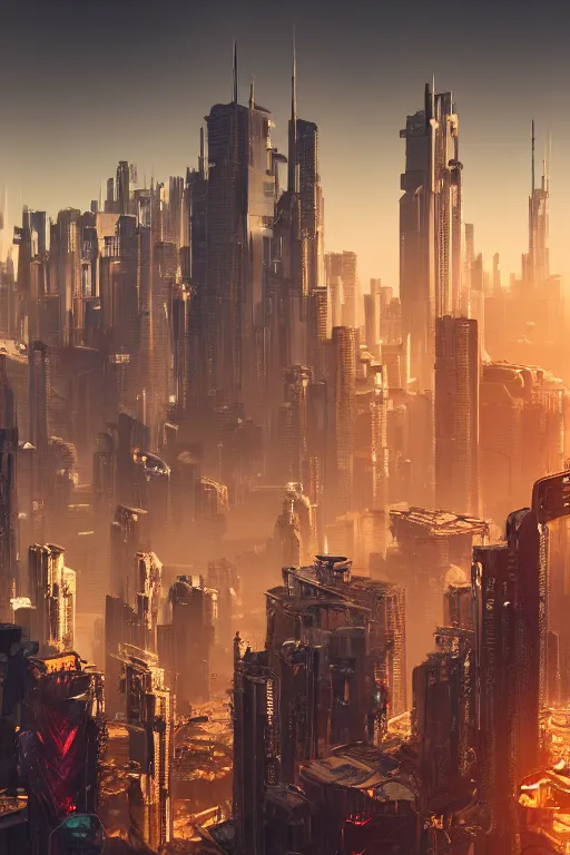 Image similar to cyberpunk cityscape with tall buildings at dusk golden hour orange cinematic lighting, epic composition. A golden daylight, hyper-realistic environment. Hyper and intricate detail, photo-realistic. Cinematic and volumetric light. Epic concept art. Octane render and Unreal Engine, trending on artstation