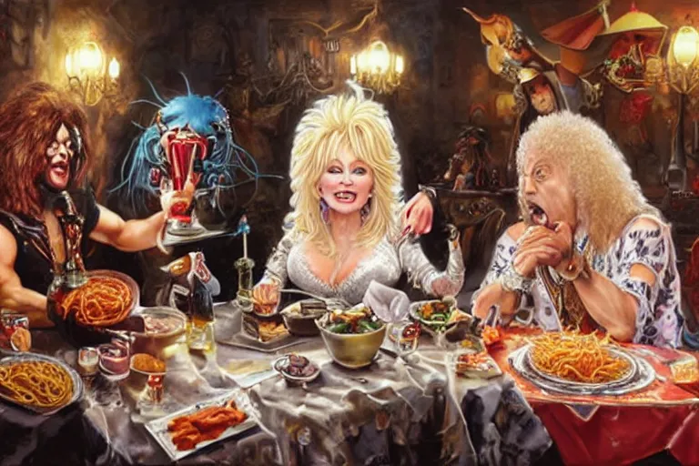 Image similar to dolly parton having a spaghetti dinner with gene simmons in kiss makeup, an oil painting by ross tran and thomas kincade