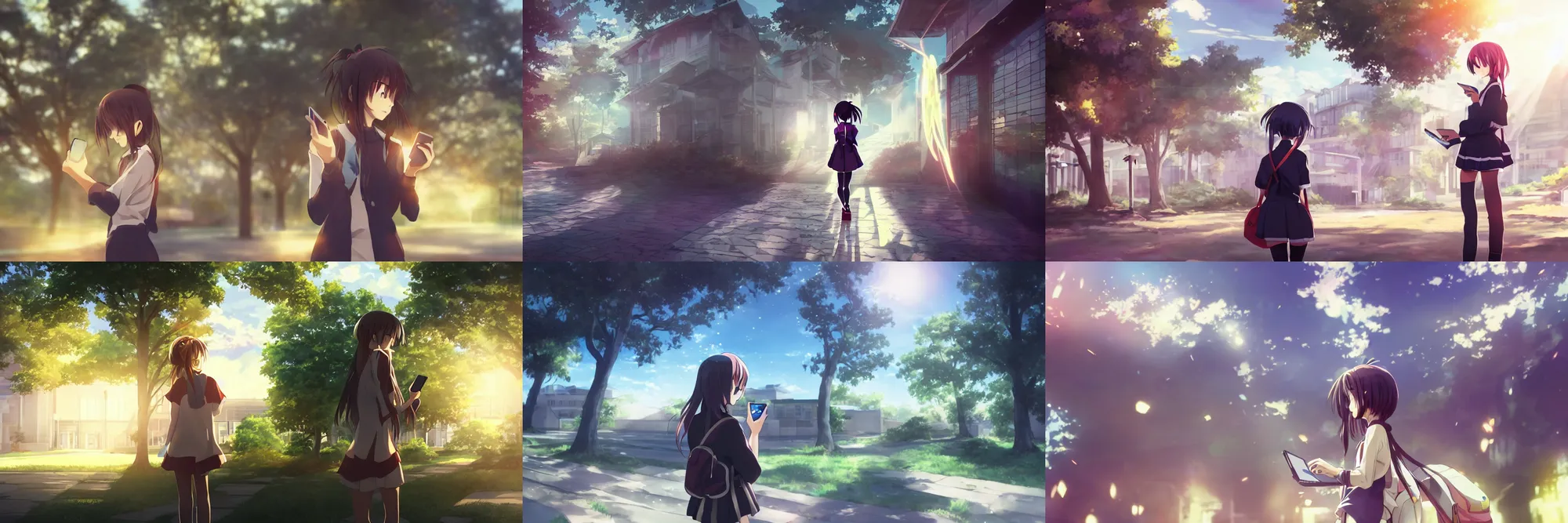 Prompt: Anime girl texting on her phone, behind is School Building , epic cinematic still, dynamic perspective, anime style, beautiful volumetric light