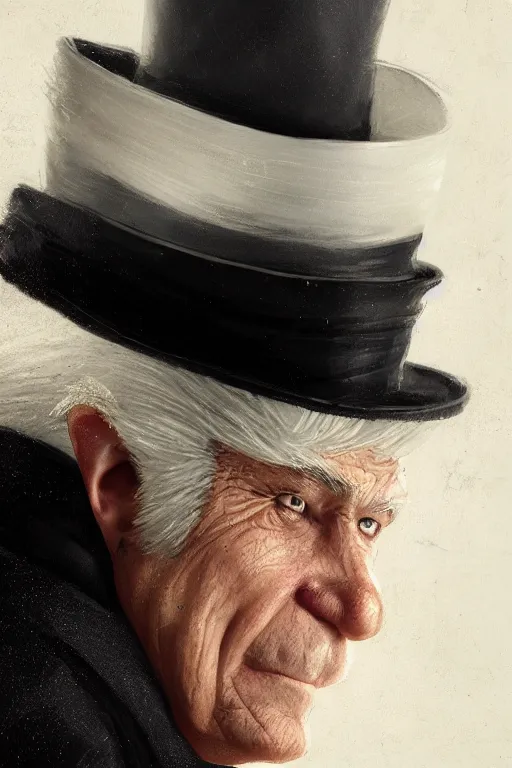 Image similar to A fancy close up of a white haired old winkled halfling wearing a suit and top hat by Greg Rutkowski, Sung Choi, Mitchell Mohrhauser, Maciej Kuciara, Johnson Ting, Maxim Verehin, Peter Konig, 8k photorealistic, cinematic lighting, HD, high details, dramatic, trending on artstation