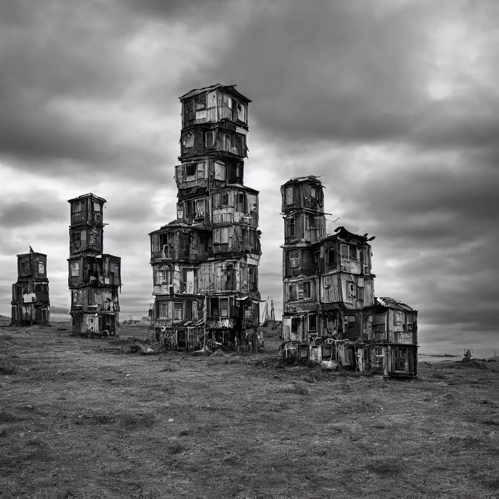 Prompt: two towers, made up of colourful makeshift squatter shacks, dystopia, hasselblad x 1 d, moody sky at the back, fully frontal view, very detailed, ultra sharp, photographed by jeanette hagglund and ansel adams