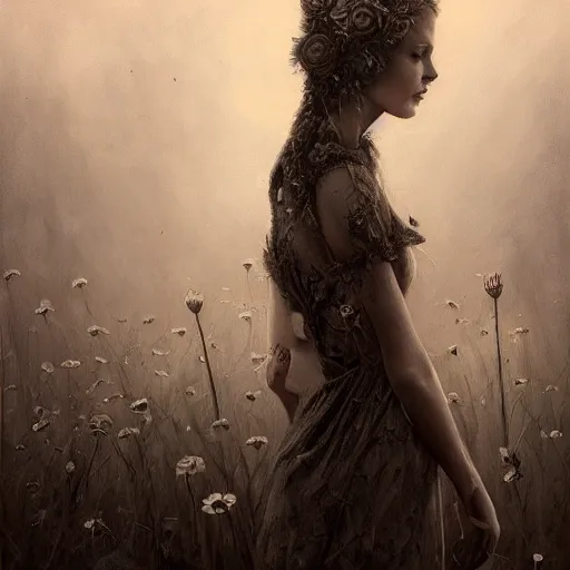 Prompt: By Tom Bagshaw, ultra realist soft painting of a flower field by night, long dress female, horror, omnious sky, symmetry accurate features, very intricate details, black and white, volumetric light clouds