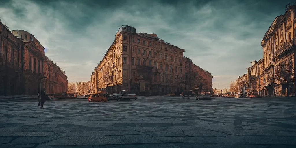 Image similar to cinematic street shot of a city on mars, aelita, phalanster, saint petersburg city, telephoto, anamorphic cinematography, beautiful composition, color theory, leading lines, photorealistic, moody volumetric lighting