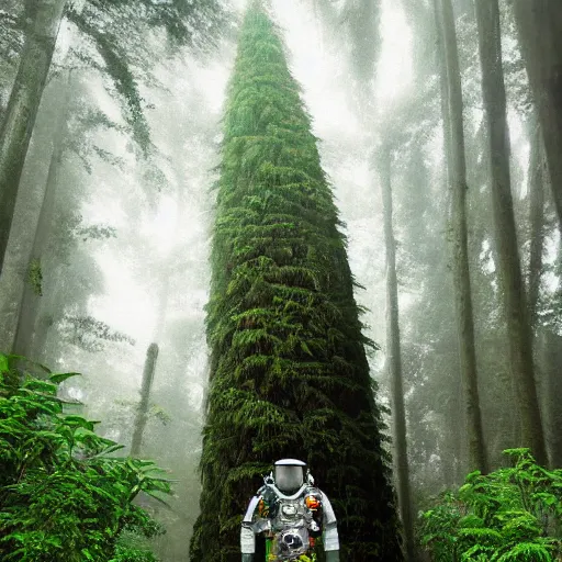 Prompt: a full length portrait of a giant autonomous spaceman in a misty rainforest, surrounded by lush ferns and fir trees. surrounded by mountains and clouds and mist. featured on
