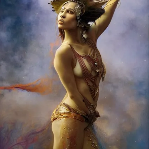 Image similar to epic masterpiece full body portrait a beautiful fire dancer with a beautiful face and flawless skin, raining ashes, by Edgar Maxence and Ross Tran and Michael Whelan