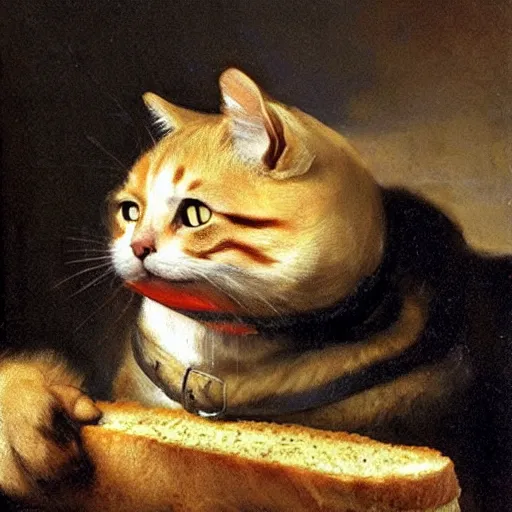 Prompt: a cat with a large sandwich in his mouth, by Rembrandt