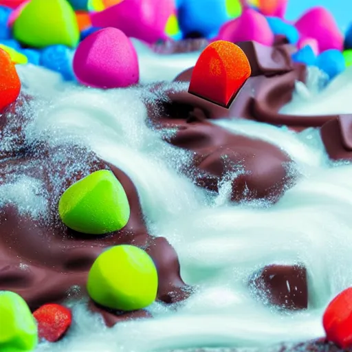 Prompt: chocolate river, flowing off a candy Mount Everest into a chocolate ocean, lush with gumdrop trees, high detail, 4k