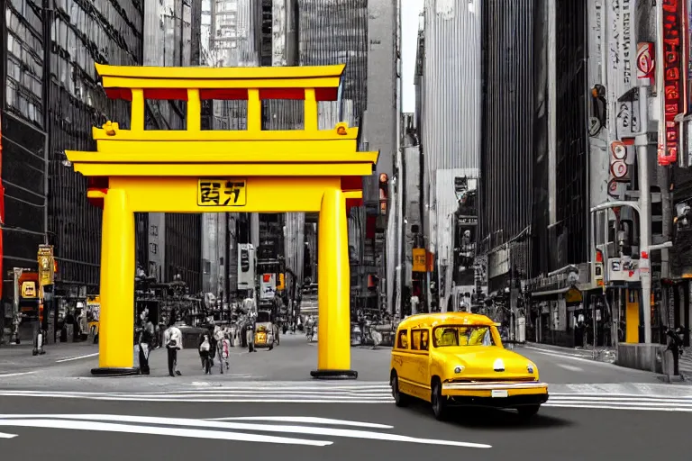 Image similar to Yellow school bus, a red japanese Torii gate, New York location in USA, atomic bomb dropping from the sky, ray tracing, high detail, 4K