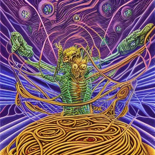 Prompt: krakken battling the spaghetti monster in outer space imagined by alex grey