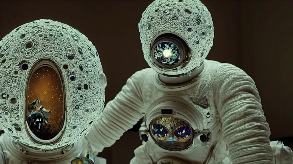 Image similar to a single astronaut eva suit covered in diamond 3d fractal lace iridescent bubble 3d skin and covered with insectoid compound eye camera lenses floats through the living room, film still from the movie directed by Denis Villeneuve with art direction by Salvador Dalí, wide lens,