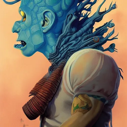 Image similar to best mohawk projector portrait by gaston bussierre and charles vess and james jean and erik jones and rhads, inspired by rick and morty, epic, funny, huge scale, beautiful fine face features, intricate high details, sharp, ultradetailed