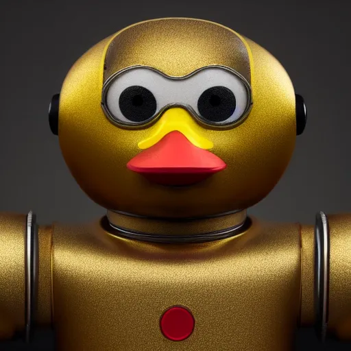 Image similar to closeup portrait of tin toy retro robot yellow duck, depth of field, red zeiss lens, detailed, centered, fashion photoshoot, by nicoletta ceccoli, mark ryden, lostfish, extremely detailed, artistic, hyperrealistic, octane render