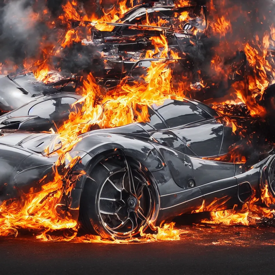 Prompt: close - up of a chrome pagani huayra on fire after a big crash, 8 k, highly detailed, realistic