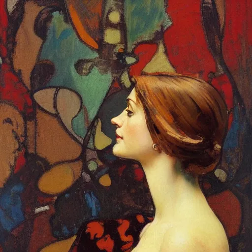 Image similar to abstract portrait of a beautiful woman by norman rockwell, greg manchess, mucha