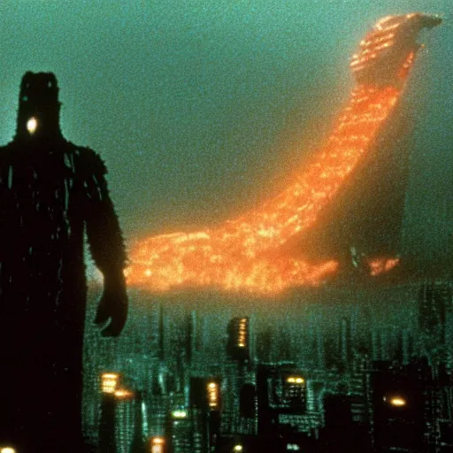 Image similar to a film still of godzilla in blade runner