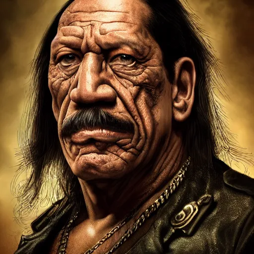 Image similar to Portrait of Danny Trejo, realistic character concept, warhammer fantasy, dark and gritty atmosphere, golden ratio, cinematic lighting, hyperdetailed, high resolution, insanely detailed and intricate, Oscar Soler, trending on artstation