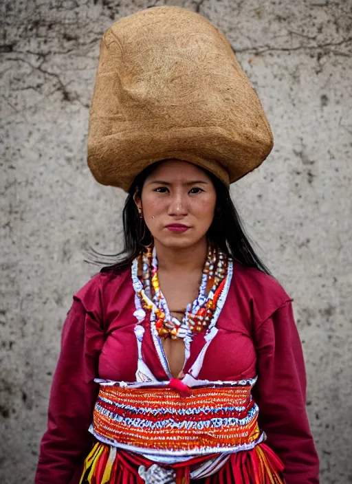 Image similar to Mid-shot portrait of a beautiful, breathtaking 25-year-old woman from Peru, wearing a traditional outfit, candid street portrait in the style of Martin Schoeller award winning, Sony a7R