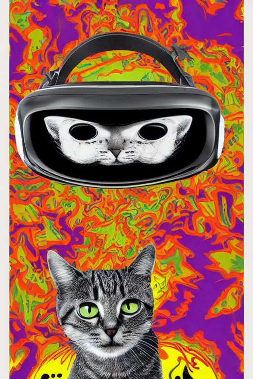 Image similar to cat in a VR helmet, 1969 psychedelic art poster, san francisco, hippie style, screen print poster