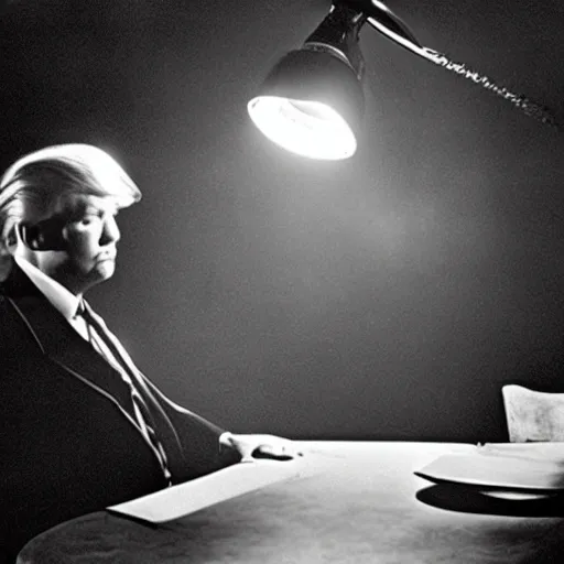Prompt: a film still from a 1 9 4 0's film noir movie with donald trump sitting at a metal table in an dark interrogation room with a hanging light shining on him, dramatic lighting