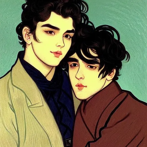 Image similar to painting of young cute handsome beautiful dark medium wavy hair man in his 2 0 s named shadow taehyung and cute handsome beautiful min - jun together at the halloween! party, bubbling cauldron!, candles!, smoke, autumn! colors, elegant, wearing suits!, clothes!, delicate facial features, art by alphonse mucha, vincent van gogh, egon schiele