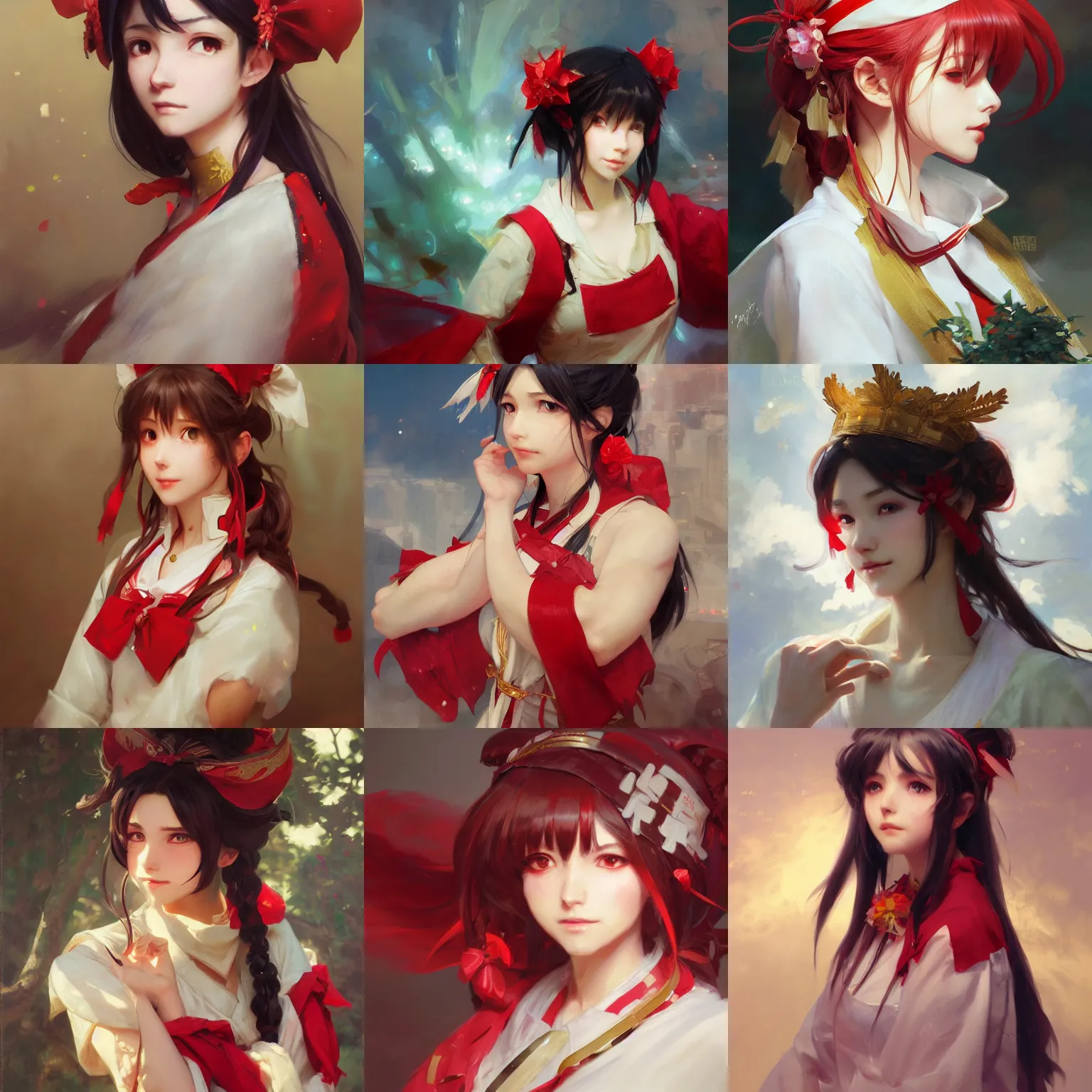 Prompt: a portrait painting of reimu hakurei, by wlop, ruan jia, krenz cushart, artgerm, greg rutkowski, alphonse mucha, marble, gold, unreal engine 5