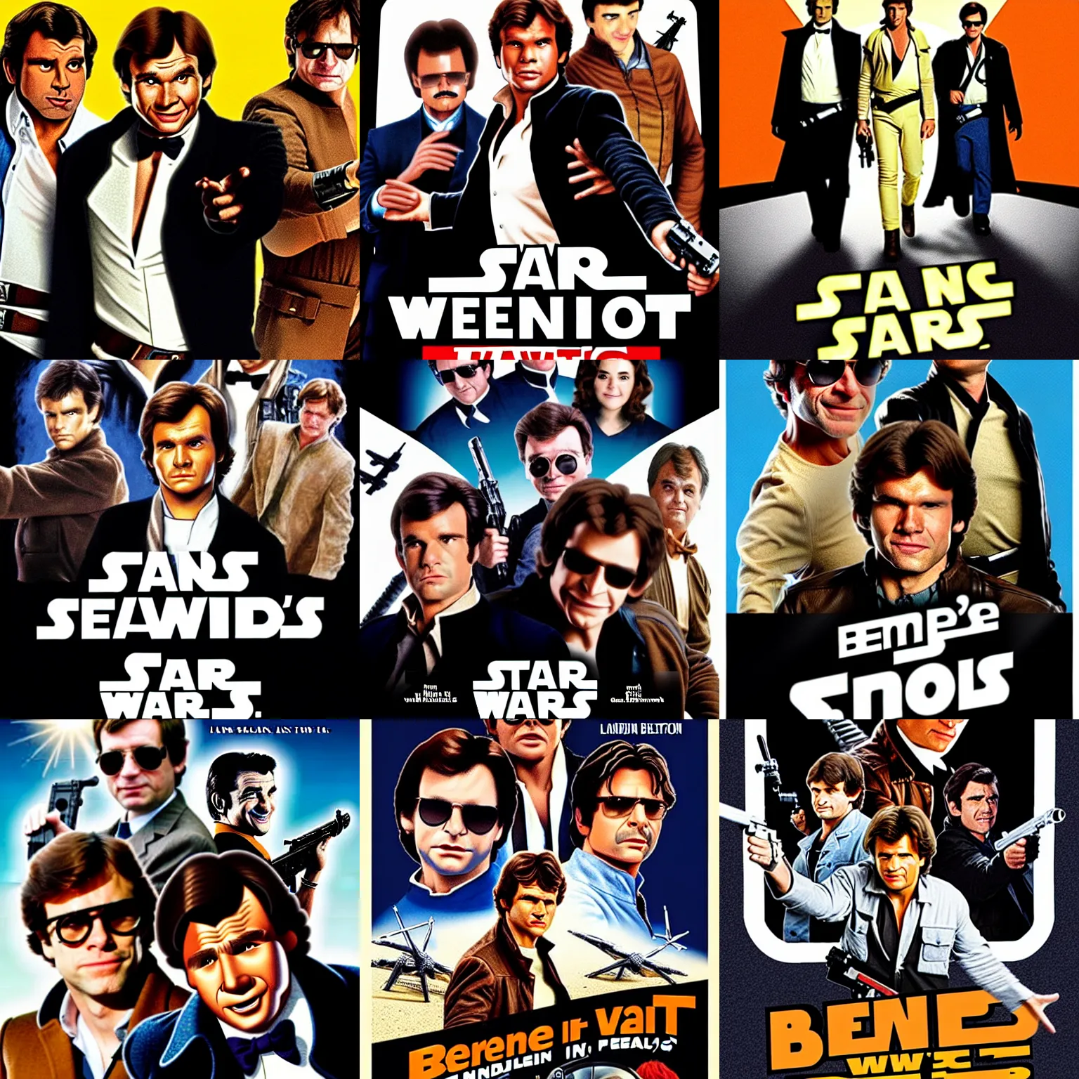 Prompt: weekend at bernie's movie poster, han solo on the left, landoncalsissian on the right, a dead tobias beckett in the middle, cinematic quality