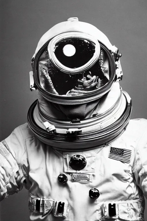 Image similar to extremely detailed studio portrait of space astronaut, alien tentacle protruding from eyes and mouth, slimy tentacle breaking through helmet visor, shattered visor, full body, soft light, plain studio background, disturbing, shocking realization, award winning photo by richard avedon