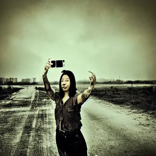 Image similar to the last selfie on earth, photography, apocalyptic