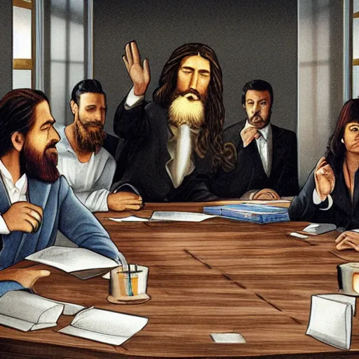 Prompt: Modern-day Jesus in a business suit, presiding over a business boardroom meeting with other executives, hyperrealistic