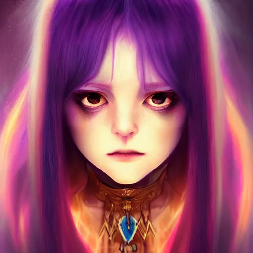 Image similar to rimuru tempest from tensura holding purple flames in her palm, with amber eyes of golden colored eyes, straight hair, sky blue hair, long bangs, high collar, concept art, award winning photography, digital painting, cinematic, wlop, 8 k, by ross tran, tom bagshaw, andy warhol