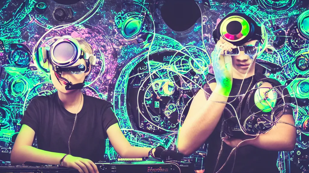 Image similar to a person wearing goggles and visor and headphones using a retro clockwork record player contraption, wires and tubes, turntablism dj scratching, intricate planetary gears, cinematic, imax, sharp focus, leds, bokeh, iridescent, black light, fog machine, hazy, lasers, hyper color digital art