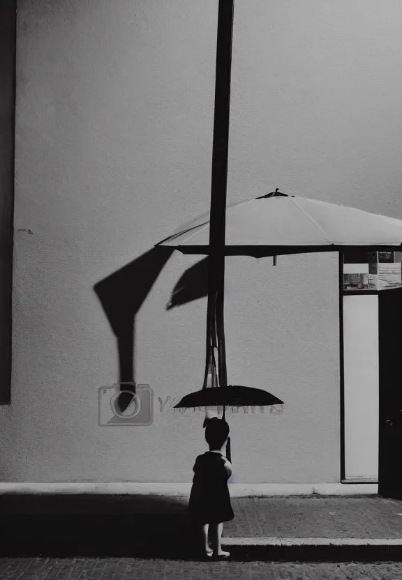 Prompt: little boy holding an umbrella in front of a bar at night, full moon, minimalist, black and white artwork