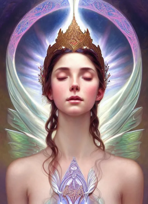 Image similar to fairy queen goddess feminine face meditation!! murky lighting, wind blowing, full body portrait, blessed by nature, physical mental perfection, symmetrical! intricate, sensual, highly detailed, biblical divine holy perfection!! digital painting, artstation, concept art, smooth, sharp focus, by artgerm and greg rutkowski and alphonse mucha