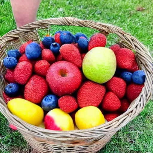 Image similar to 3 baskets filled with 3 different fruits, the left basket filled with strawberries, the middle basket filled with blueberries, the right basket filled with apples