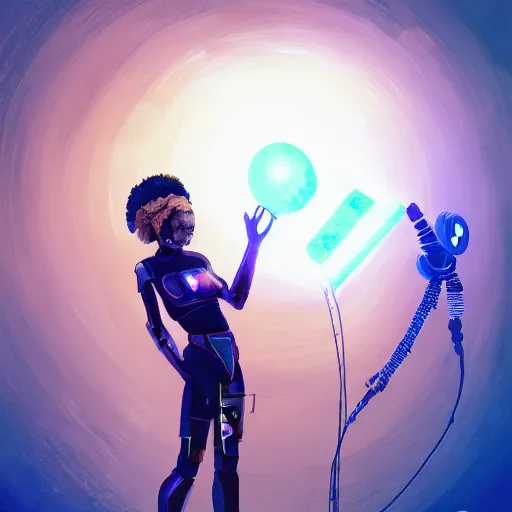 Image similar to a black girl fixing a robot, in the nature, mixing solarpunk, afropunk and cyberpunk technology and aesthetic ( ( ( ( volumetric light ) ) ) ), high angle, part by pearl fryar, part by prince damah, sunny day, trending on artstation, cinematic view, illustration, painting.