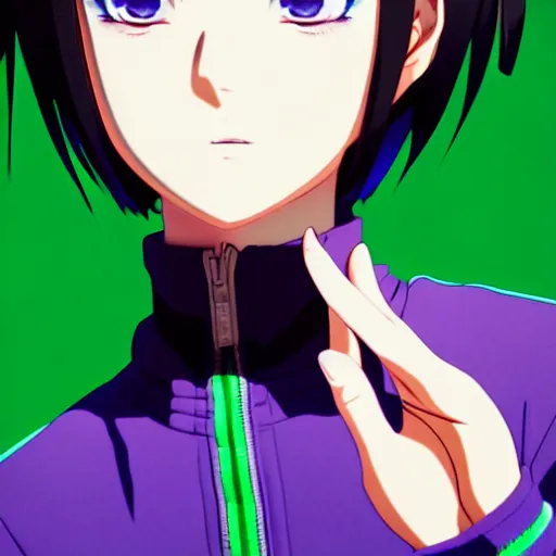 Image similar to anime poster film still portrait, young woman, black black black woman, purple colored eyes, purple colored eyes, white french bob, green colored bomber jacket, detailed facial features, dynamic pose, cute face by ilya kuvshinov, yoh yoshinari, makoto shinkai, rimlight, cel shaded, 4 k