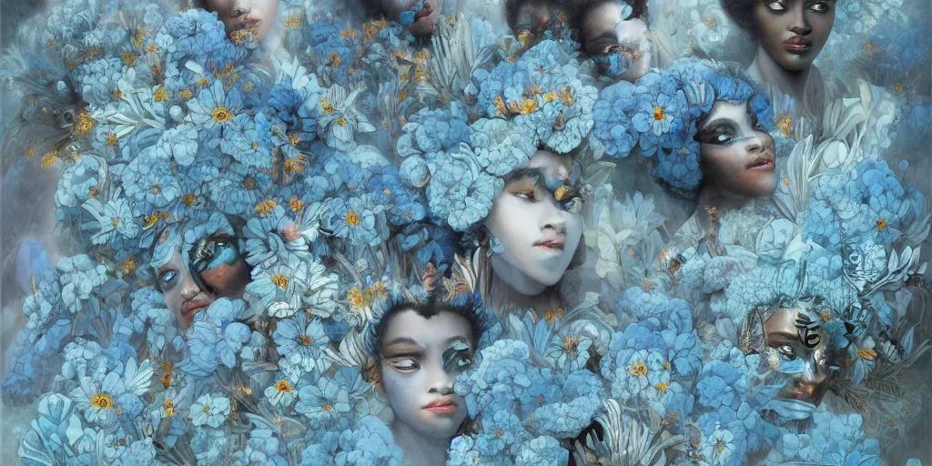 Prompt: breathtaking detailed concept art painting art deco pattern of afro faces goddesses amalmation light - blue flowers with anxious piercing eyes and blend of flowers and birds, by hsiao - ron cheng and john james audubon, bizarre compositions, exquisite detail, extremely moody lighting, 8 k