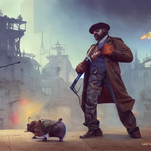 Prompt: oil painting of two hamsters holding guns, berets, medium shot, steampunk clothes, steampunk city background, sharp focus, fantasy style, octane render, volumetric lighting, 8k high definition, by greg rutkowski, highly detailed, trending on art Station, explosions, centered