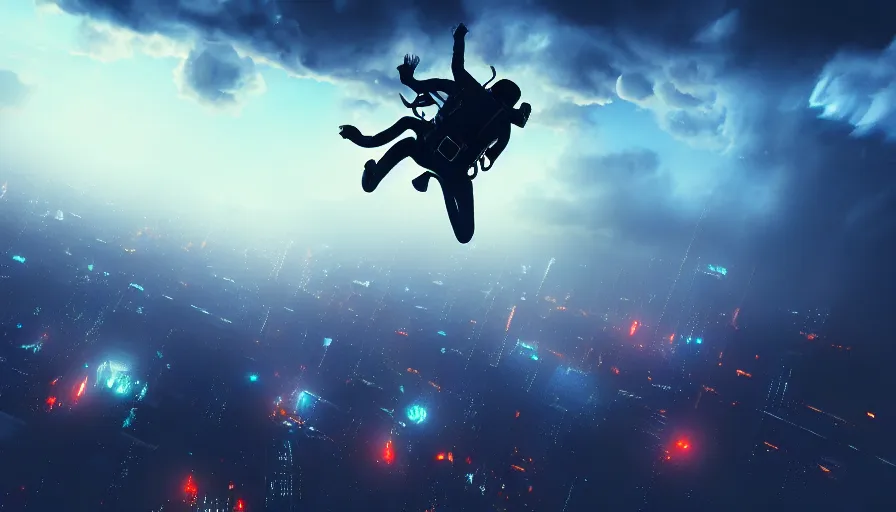 Image similar to man skydiving in dark cyberpunk city with clouds, digital art, volumetric lighting, dystopia, artstation, concept art, painting