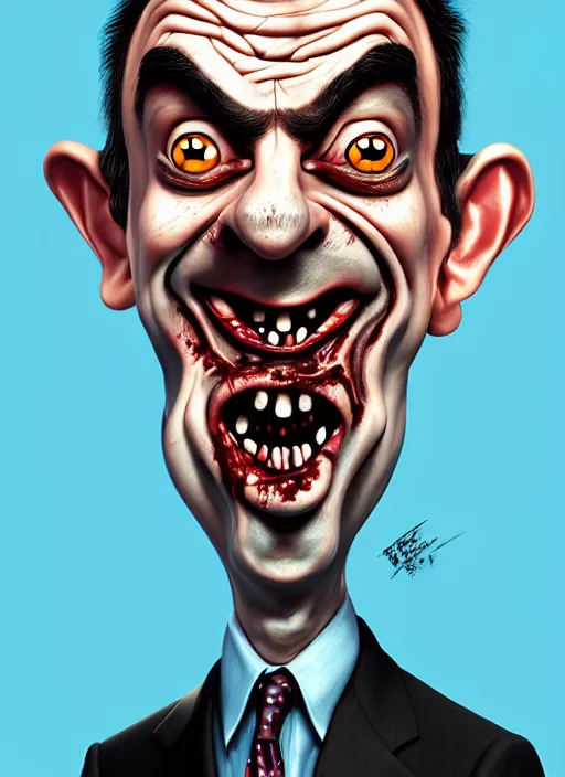 Image similar to highly detailed caricature portrait of damaged zombie mr bean by ross tran, by anato finnstark, brush strokes, 4 k resolution, light blue pastel background