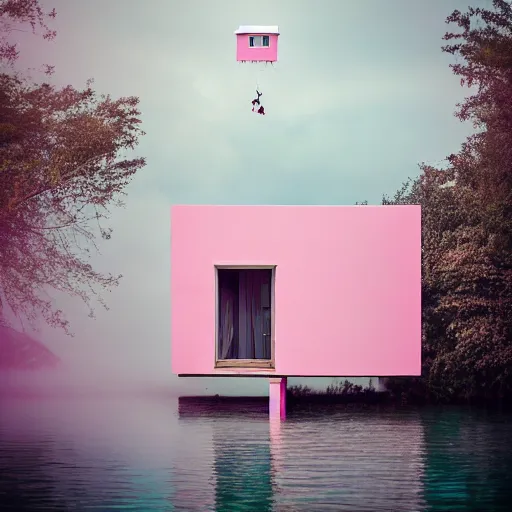 Image similar to a 5 0 mm lens photograph of a cute pink floating modern house, floating in the air between clouds, inspired by the movie up. mist, playful composition canon, nikon, award winning, photo of the year