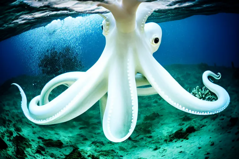 Image similar to underwater photography of a gigantic white octopus walking at the shore of the beach