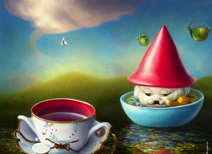 Image similar to a garden gnome sailing in a teacup, whimsical background of a reflective pond on a sunny day with dramatic clouds, an ultrafine detailed painting by mark ryden, trending on deviantart, pop surrealism, whimsical, lowbrow, joyous