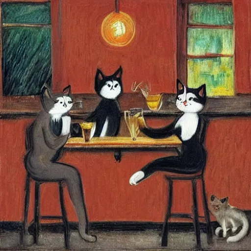 Prompt: three cats drinking in a bar, Munch