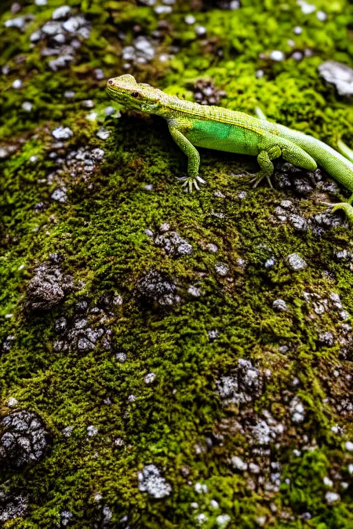 Prompt: a small photorealistic lizard on a moss covered rock, shiny scales, moss and vegetation, ancient forest, close - up, intricate details, intricately detailed textures, warm lighting, vivid colors, smoke and mist, hyper realistic octane render, volumetric shading, depth of field, raytracing, 8 k,