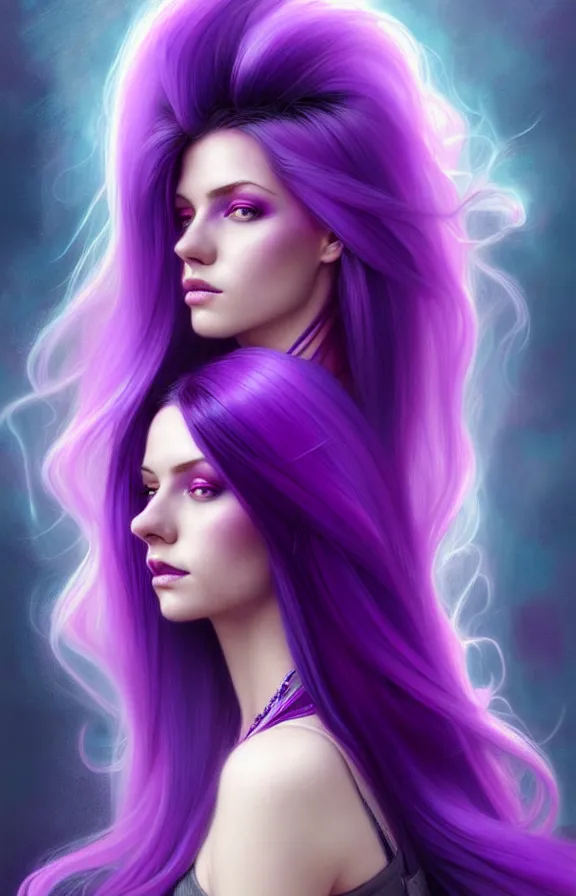 Prompt: Purple hair relistic Portrait of a woman with bright colored flying hair, all shades of purple. Hair coloring, long hair, blue eyes, fantasy, intricate, elegant, highly detailed, digital painting, artstation, concept art, smooth, sharp focus, illustration, art by artgerm and greg rutkowski and alphonse mucha