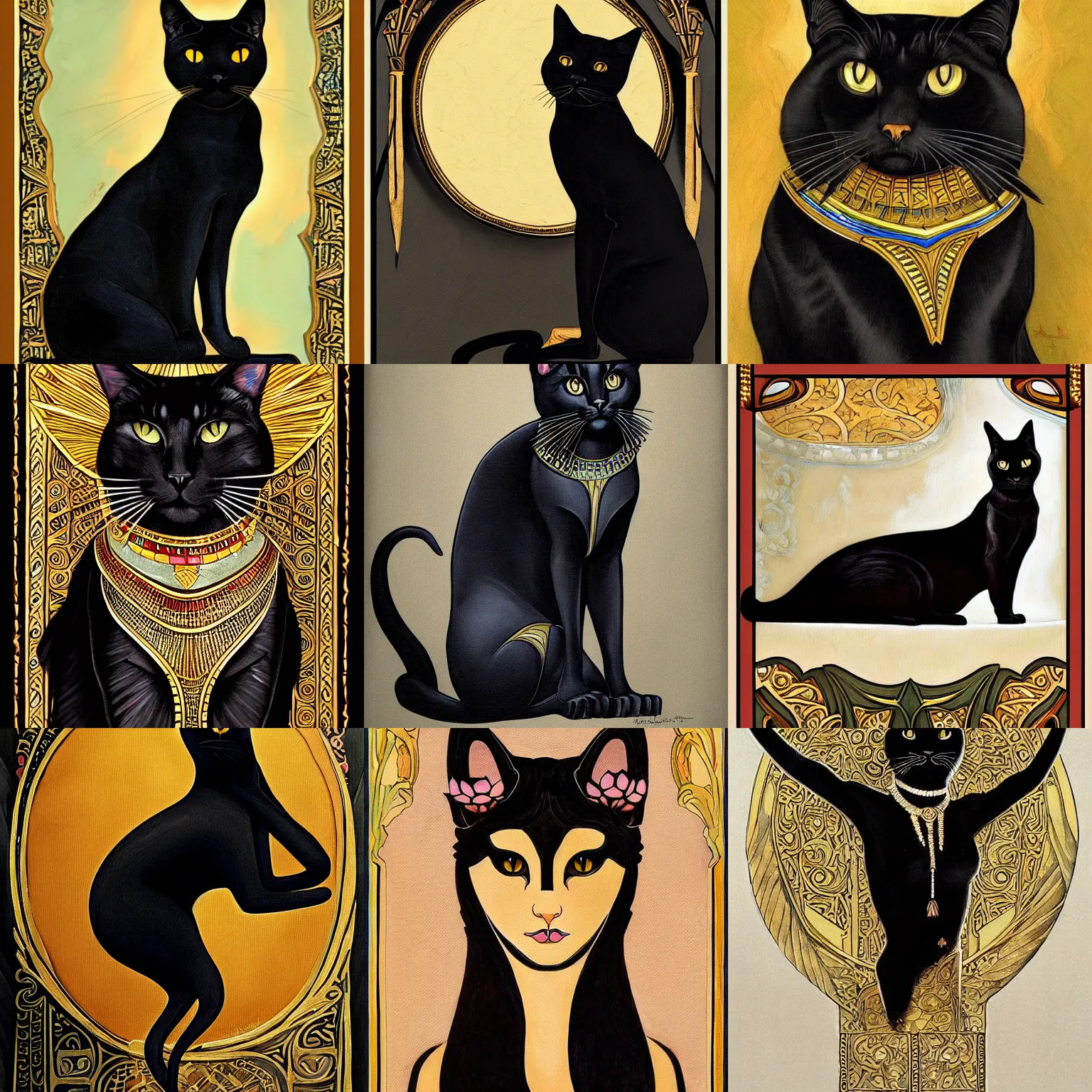 Prompt: beautiful, gorgeous art nouveau painting of a black egyptian cat, impressive, wonderful, very detailed, trending on artstation, masterpiece