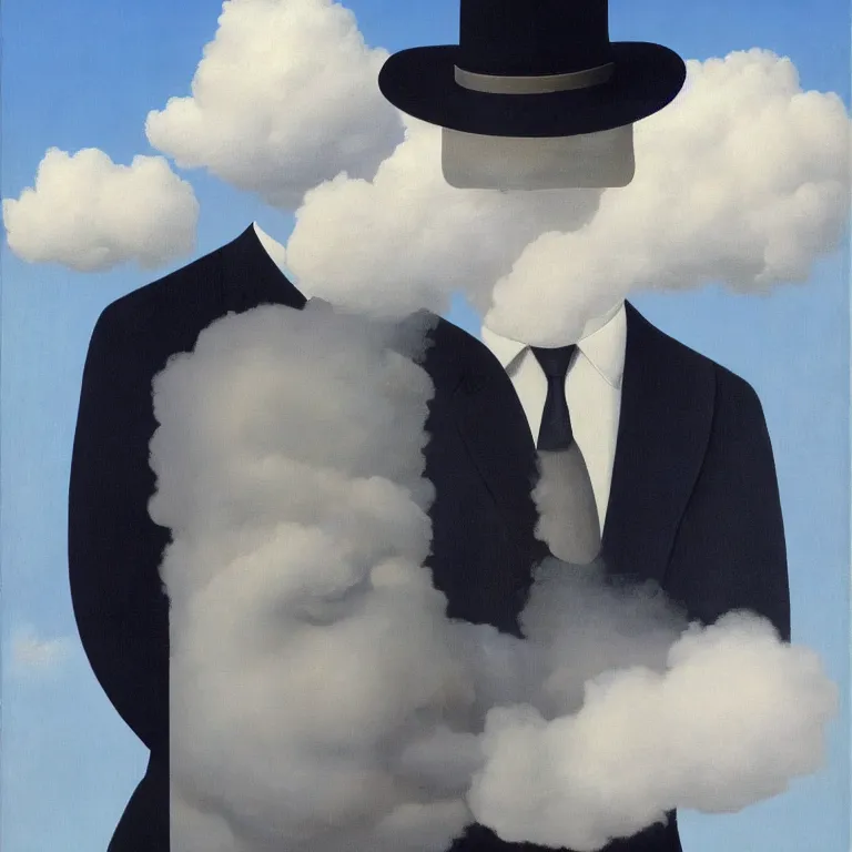 Image similar to portrait of a man made out of clouds in a suit, by rene magritte, detailed painting, hd, hq, high resolution, high detail, 4 k, 8 k