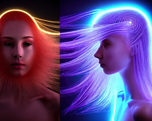 Image similar to glowing hair, complex cybernetic beings, beautiful hairy humanoids, cybermagnetosphere, cybernetic civilizations, ornate hair, love, joy, vortexes, large arrays, data holograms, 8 k, cinematic light shadows, wet hdr refractions, *, * * *, * * * * *