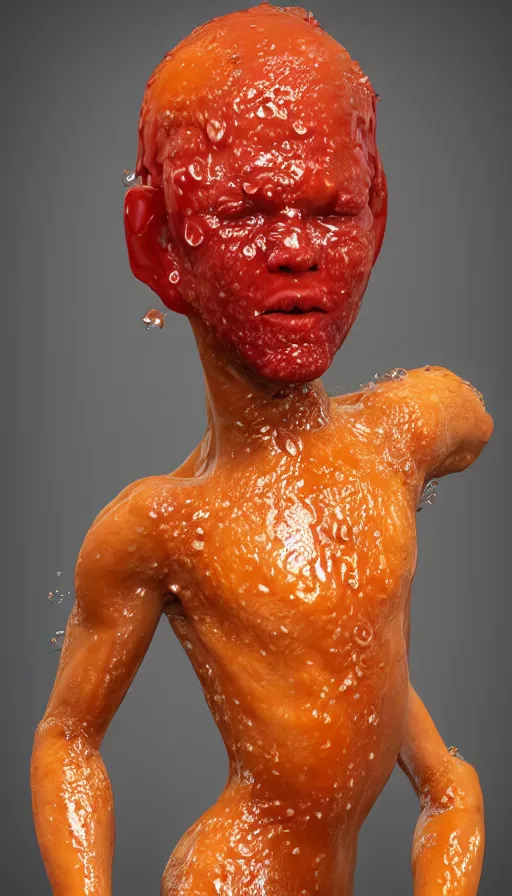 Image similar to a human fruit clothed with molds and syrup, 3 d render, photo realistic, highly detailed.